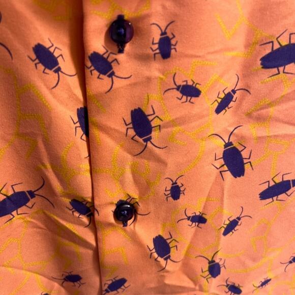 SUSLO Couture Size XL Men’s Button Up Shirt Peach Orange Purple Bugs Slim Fit - Picture 9 of 11